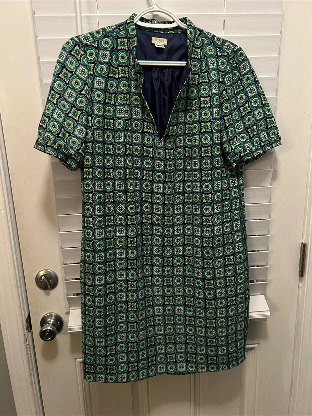 J. Crew Green Geometric Short-Sleeve Lined Shift Dress